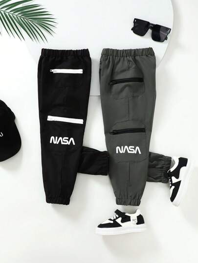 SHEIN 2pcs/Set Young Boy Casual Comfortable Letter Printed Jogger Pants, Getaway, Holiday, Travel, Relax, Sunbathing, Summer