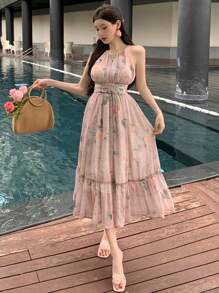 DAZY Women French Style Chiffon Printed Halterneck Dress Sundress