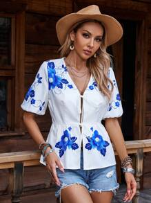 SHEIN Clasi Women's Simple Printed V-Neck Short Sleeve Shirt - White - View 7
