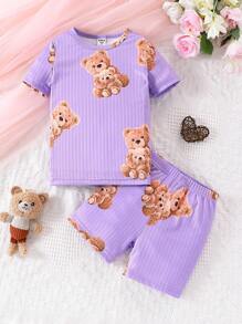 2pcs/Set Young Girl Casual Bear Print Crew Neck Short Sleeve Top And Elastic Waist Shorts Snug Fit Pajama Set