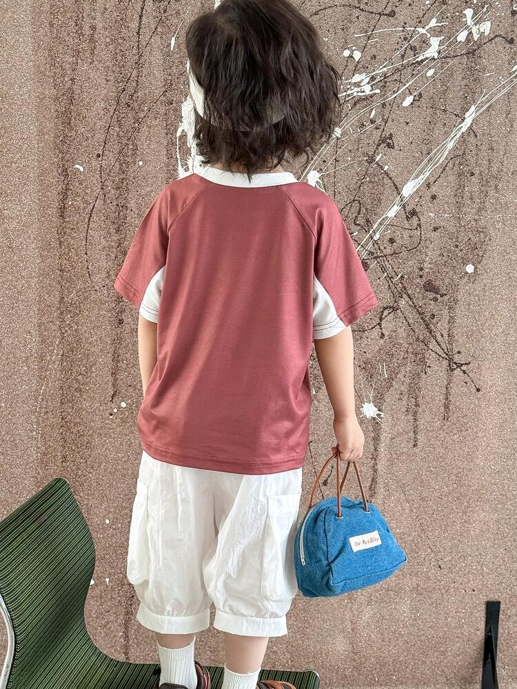 Young Boy Colorblock Round Neck Letter Printed Short Sleeve T-Shirt And Solid Pants With Pocket, 2pcs/Set