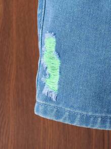 SHEIN Summer Street Style Easter Dinosaur Printed Short Sleeve T-Shirt And Baggy Ripped Denim Jeans Shorts Set For Baby Boys Festival Outfits - Multicolor - View 4