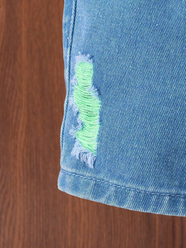 Summer Street Style Easter Dinosaur Printed Short Sleeve T-Shirt And Baggy Ripped Denim Jeans Shorts Set For Baby Boys Festival Outfits