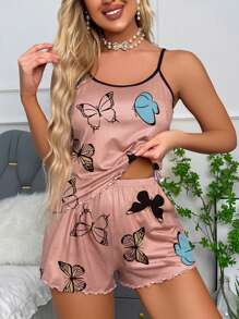 Conjunto de pijama para mujer con camiseta de tirantes y shorts con impresión de mariposa