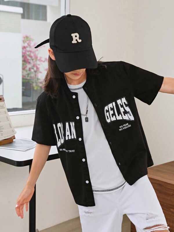 SHEIN Tween Boys' Casual Korean Style Letter Printed Baseball Collar Short Sleeves Black Denim Shirt Jacket, For Outdoor Style
