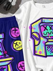 Tween Boy Casual Simple Cartoon Printed Round Neck Short Sleeve T-Shirt And Shorts Set, Suitable For Summer