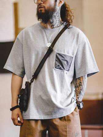 Maden 户外男士灰色口袋短袖 T 恤，宽松圆领落肩半袖 T 恤