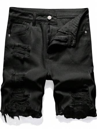 Men's Casual Solid Color Distressed Frayed Hem Denim Shorts Jorts, Summer, Emo Style