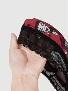 Betty Boop | ROMWE Push Up Bra And Panties Set, Featuring Cartoon Pattern And Contrast Lace, Wireless With Adjustable Straps For Women, Lingerie - Red - View 9