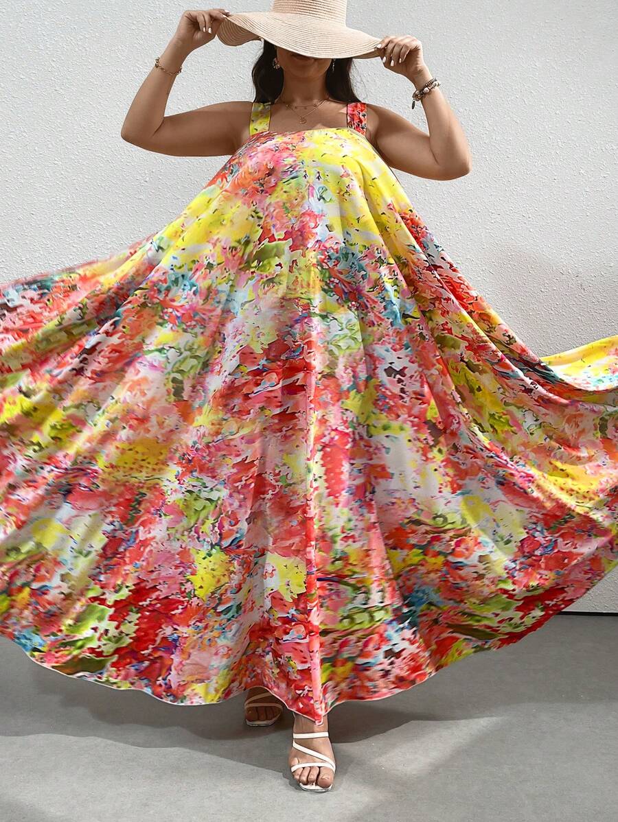 SHEIN Clasi 女式大码波西米亚风时尚度假风格 A 字形印花连衣裙，V 领，适合夏季 - 彩色 - 查看 1