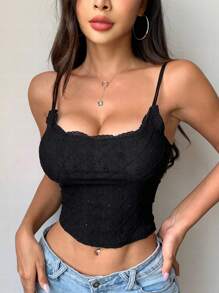 DAZY 女士蕾丝边细肩带背心外出上衣 Y2k 夏季短款女士上衣 - 黑色 - 查看 1