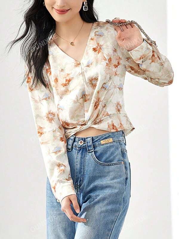 1pc Spring Romantic & Elegant V-Neck Satin & Chiffon Blouse