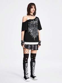 ROMWE Grunge Punk Dark Punk Style Loose Fit 2 In 1 Women's T-Shirt With Asymmetric Shoulder And Wing Pattern Printing, School - Black - View 2