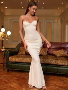 PARTHEA Solid Mermaid Hem Cami Dress Elegant Formal Evening Prom Wedding Guest Gown, For Graduation, Dinner - Apricot - View 6