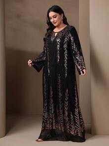Plus Size Women Elegant Sparkly Arabic Style Long Dress Spring Vacation Black - Black - View 3