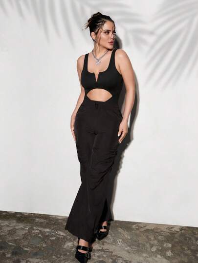 SHEIN X SAMADHI Chiquease Solid Color Drawstring Elastic Waist Parachute Style Pants Fall Cloth For Women