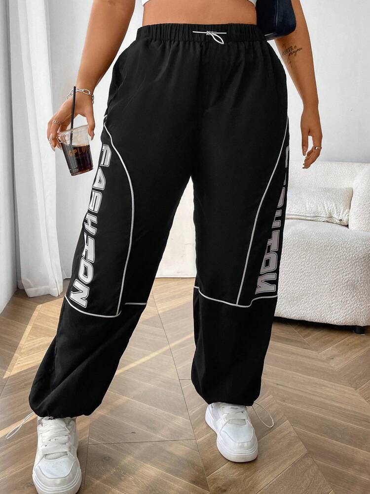 Plus Size Casual Drawstring Color Block Letter Printed Jogger Pants Fall Cloth For Women