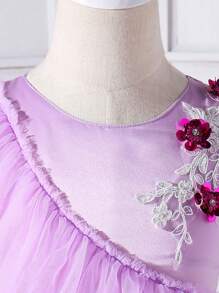 SHEIN Young Girl Summer Elegant Dress With 3D Floral Decor, Mesh Paneling And Ruffle Hem On The Neckline - Mauve Purple - View 6