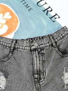 Teen Boy Solid Street-Style Simple Denim Shorts With Distressed & Frayed Hem And Buttoned Pockets - Grey - View 3