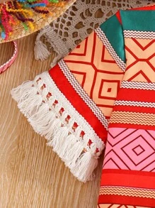 SHEIN Bộ áo dệt kim có tua rua và quần denim in họa tiết Dopamine cho cô gái trẻ có túi, trang phục đi nghỉ ấm áp, mùa hè - Đỏ - Xem 4