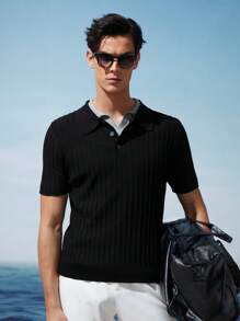 AKNOTIC Business Casual Men Summer Knitted Polo Shirt With Contrast Color Collar - Black - View 4