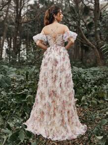 Faeriesty 奢华露肩印花晚礼服，泡泡袖高开衩A字裙摆，适合正式晚宴、婚礼招待会、优雅春季度假派对等场合。 - 杏色 - 查看 3