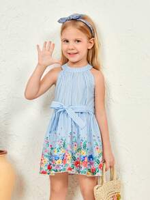 SHEIN Đầm bé gái Thắt lưng Hoa Sọc Boho - Màu xanh nhạt - Xem 5