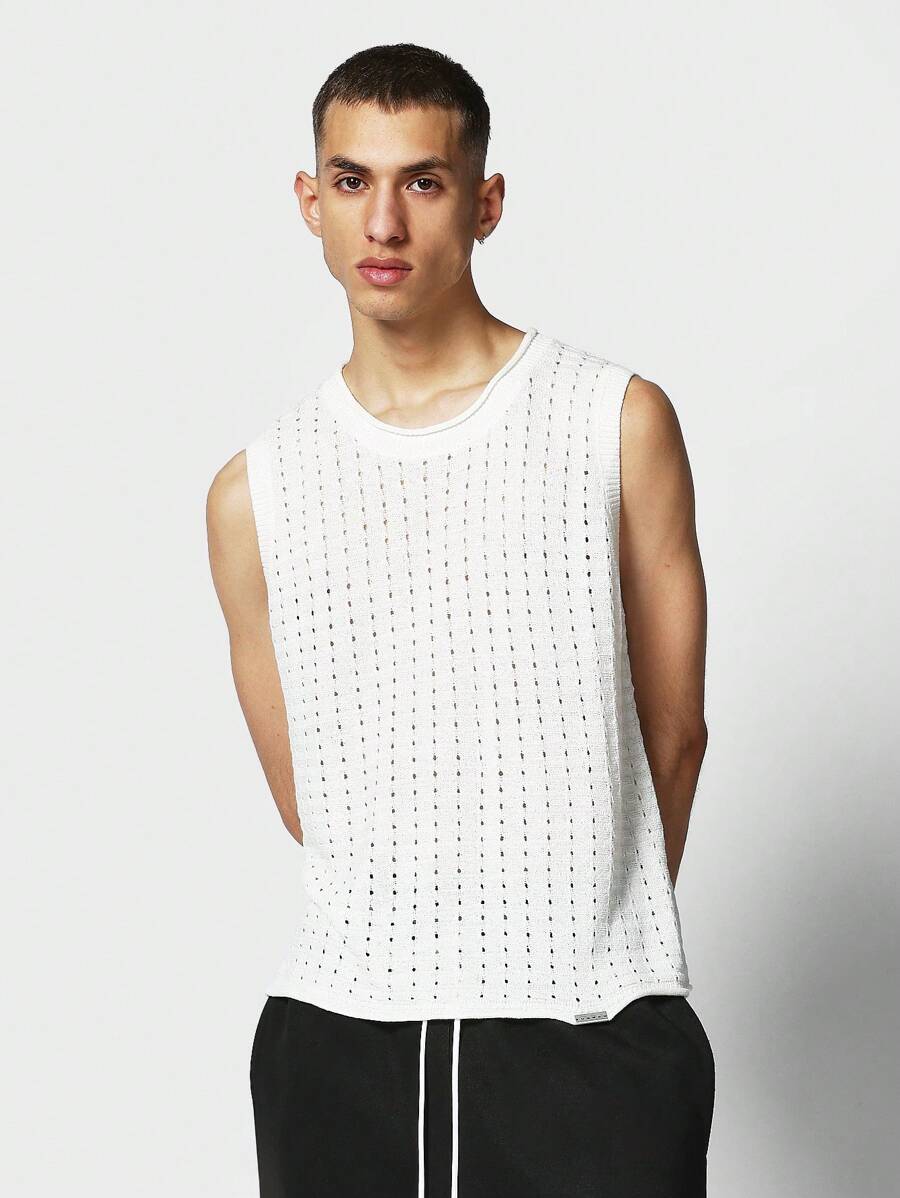 SUMWON Regular Fit Crochet Knit Tank Top - Beige - View 1