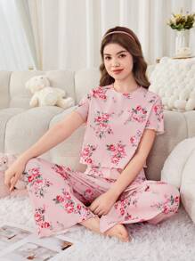 SHEIN Teen Girl Flower Patterned Short Sleeve Top And Long Pants Set, Casual And Comfortable Pyjamas, 2 Pieces - Pink - View 4