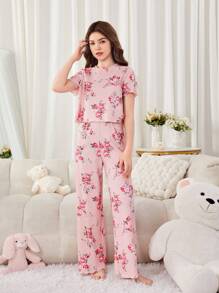 SHEIN Teen Girl Flower Patterned Short Sleeve Top And Long Pants Set, Casual And Comfortable Pyjamas, 2 Pieces - Pink - View 6