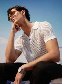 AKNOTIC Business Casual Men's Crochet Knit Summer V-Neck Polo Shirt In White