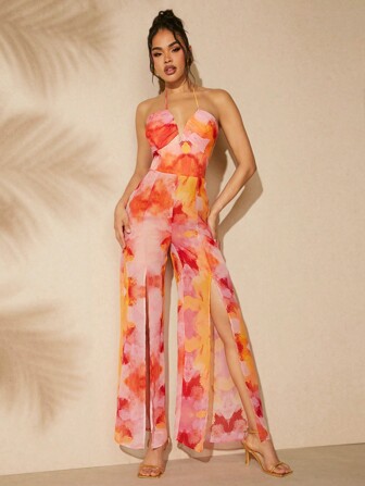 L'Amorae Batikfärg Split Thigh Jumpsuit med Breda Ben