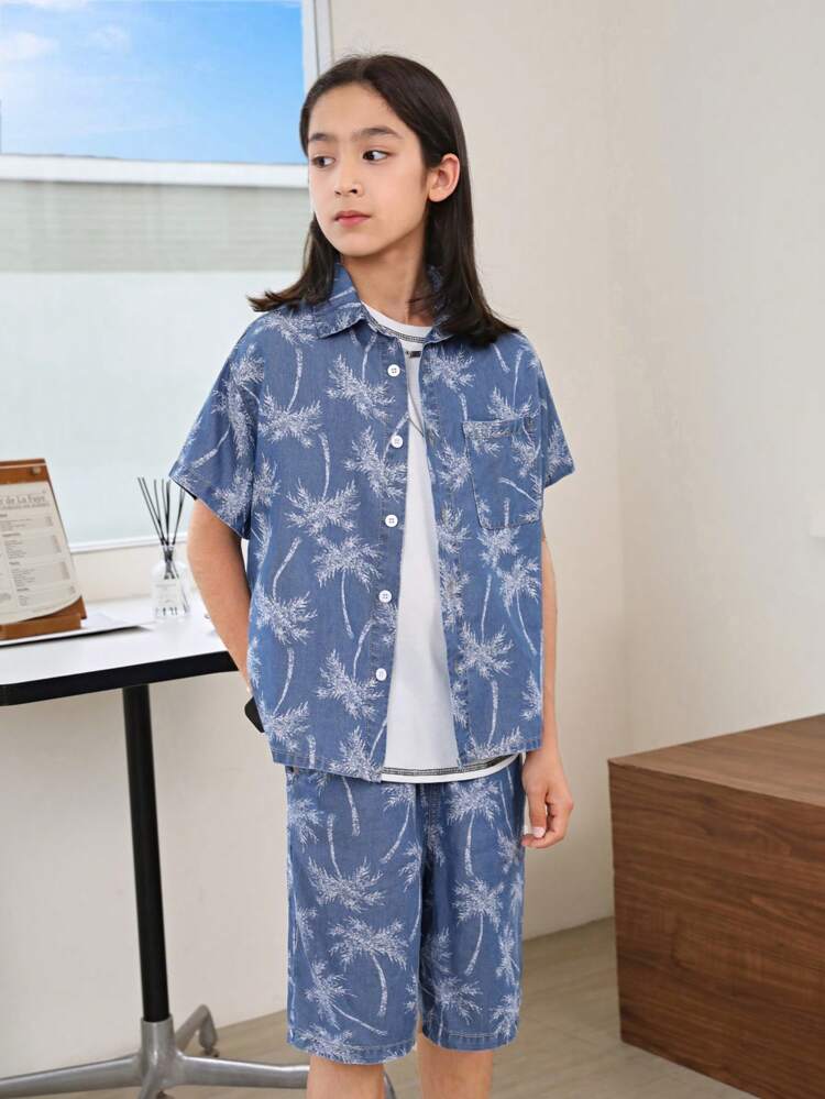 Tween Boy 2pcs/Set Holiday Style Coconut Tree Printed Short Sleeve Shirt And Shorts Set, Denim Effect