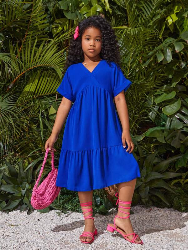 SHEIN Tween Girl's Solid Color Woven V-Neck Batwing Sleeve Loose Casual Dress