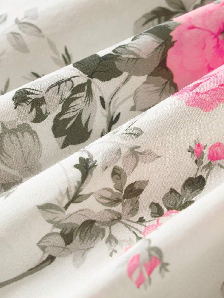 Baby Girl Floral Print Round Neck Ruffled Short Sleeves Waist-Tie Dress