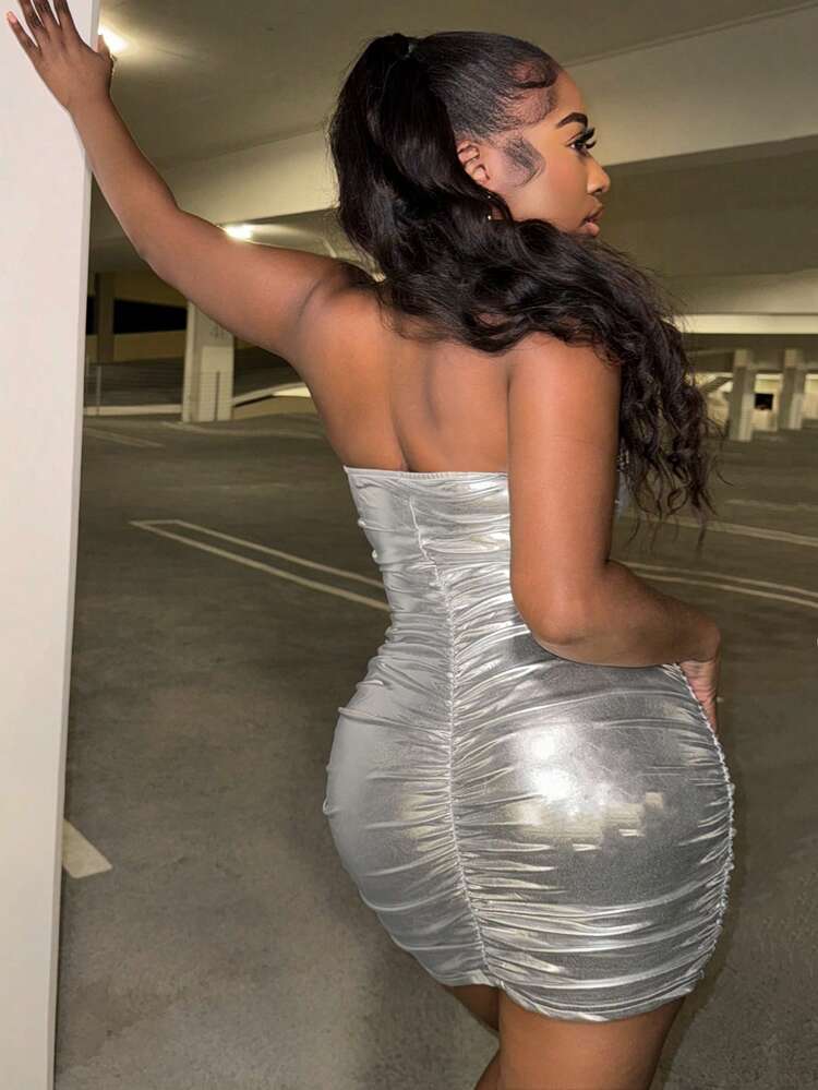 Women Metallic Ruched Halter Neck Mini Dress