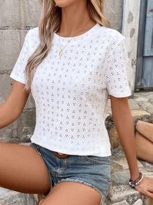 EMERY ROSE Women Round Neck Casual Texture Fabric Short Sleeve T-Shirt For Summer Holiday