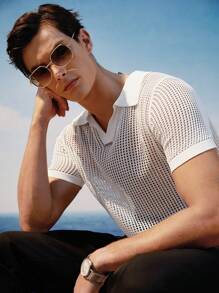 AKNOTIC Business Casual Men's Crochet Knit Summer V-Neck Polo Shirt In White