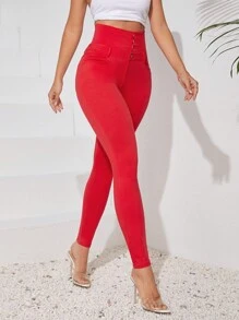 Chiquease 女式纽扣前口袋紧身休闲裤，时尚百搭，适合新年服装 - 紅色 - 查看 6