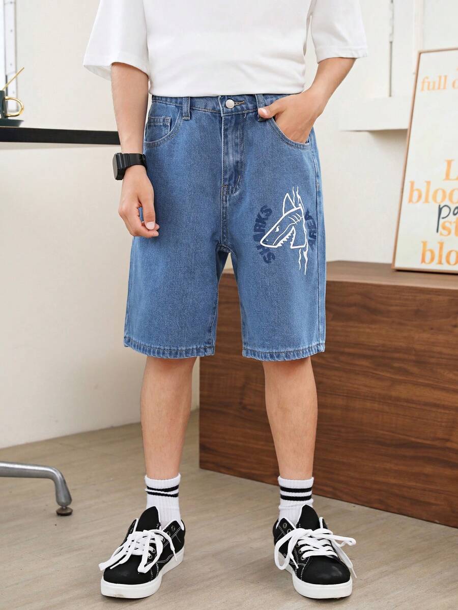 SHEIN Quần short denim in hình ngộ nghĩnh dễ thương dành cho nam sinh Tween, Xu hướng đại học phong cách đường phố thông thường được giặt sạch - Rửa nhẹ - Xem 1