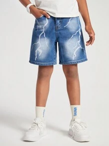 SHEIN Tween Boys Casual Street Style Lightning Print Design Washed Straight Leg Blue Denim Shorts
