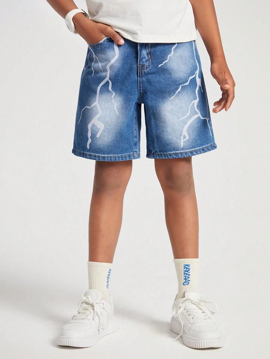 SHEIN Tween Boys Casual Street Style Lightning Print Design Washed Straight Leg Blue Denim Shorts