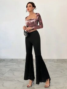 Aloruh Women Spring/Summer Tie-Dye Printed Swan Neck Asymmetric Hem Slim Long Sleeve T-Shirt - Multicolor - View 4