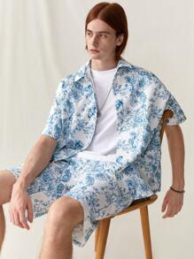 Manfinity VCAY Men's Summer Casual Angel & Flower Printed Short Sleeve Shirt And Shorts Set - Blue - View 4