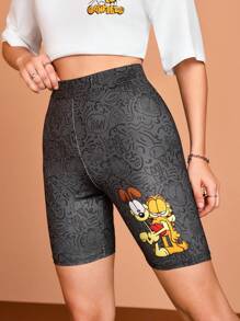 GARFIELD X SHEIN Women Casual Sports Cartoon Printed Elastic Waist Cycling Shorts Workout Black Leggings For Summer