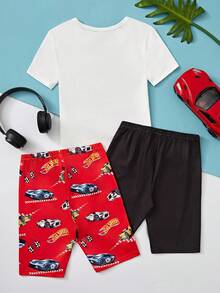 Tenue de pyjama ajustée en trois pièces pour garçon préadolescent : deux shorts imprimés simples avec un Top à manches courtes - Blanc - Voir 2