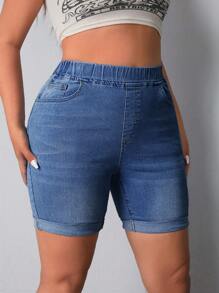 SHEIN LUNE Shorts in denim casual slim fit a vita elastica con tasche per donne taglie forti - Blu lavato medio - Visualizzare 6