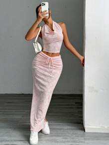 Flirla Women Summer Halter Neck Sleeveless Top With Drawstring Waist Long Skirt 2pcs Casual Set