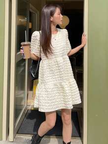 DAZY 女士夏季休闲纯色泡泡袖纹理连衣裙太阳裙