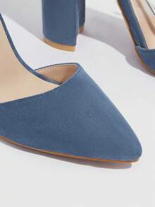 女性仿麂皮時尚外套緊身打底褲設計粗跟高跟鞋 - 藍色 - 查看 4